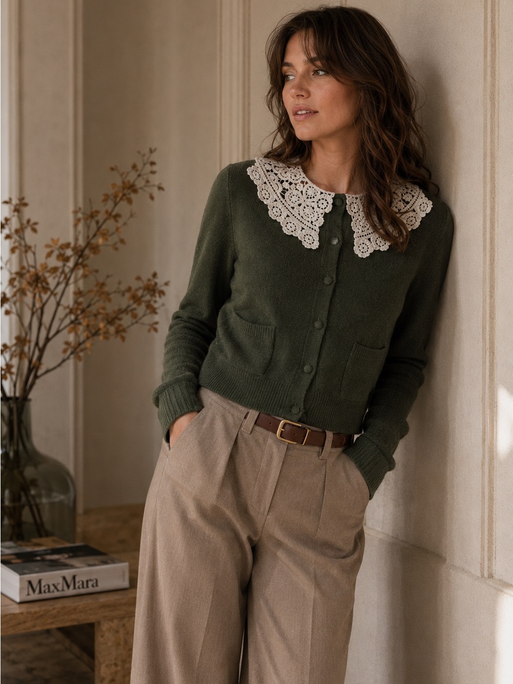 Olive Green Button Cardigan with Crochet Collar